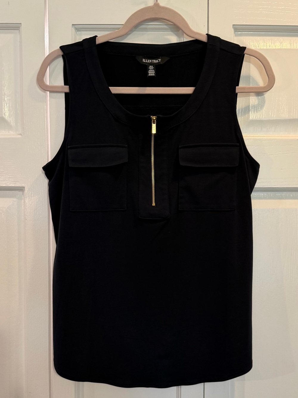 Ellen Tracy Navy Sleeveless Blouse with Gold Zip Front & Double Pockets